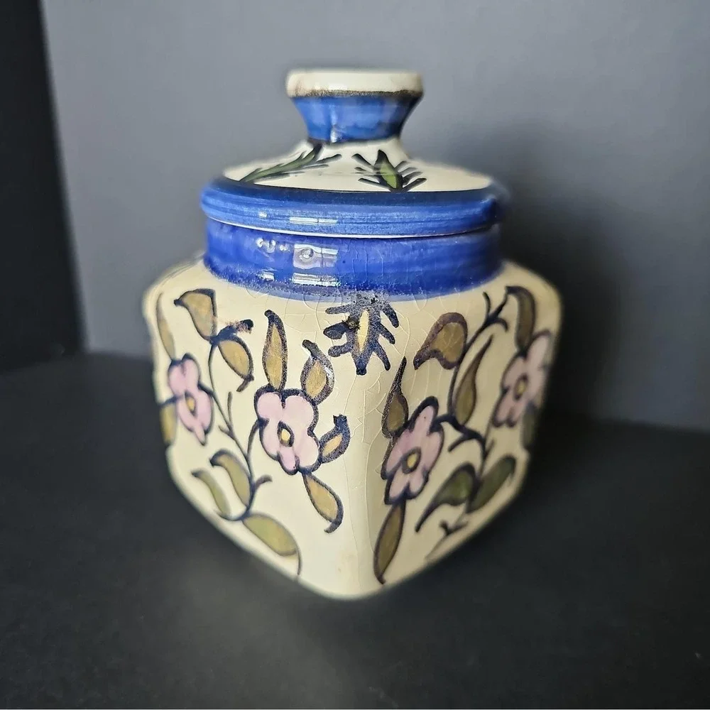 Hand Painted Jerusalem Old City Ceramic Floral Lidded Jar Signed Glossy